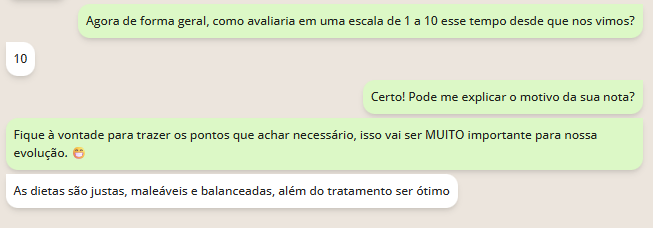 Formulário de feedback: paciente avalia com nota 10 e escreve 'As dietas são justas, maleáveis e balanceadas, além do tratamento ser ótimo'